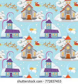 merry christmas and happy new year seamless pattern, church and green tree under snow, christianity and Catholic winter city cathedral vector illustration, religious holy background
