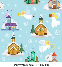 merry christmas and happy new year seamless pattern, church and green tree under snow, christianity and Catholic winter city cathedral vector illustration, religious holy background