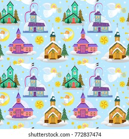merry christmas and happy new year seamless pattern, church and green tree under snow, christianity and Catholic winter city cathedral vector illustration, religious holy background