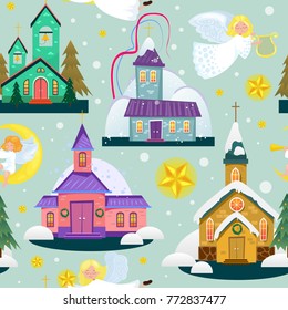 merry christmas and happy new year seamless pattern, church and green tree under snow, christianity and Catholic winter city cathedral vector illustration, religious holy background