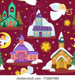 merry christmas and happy new year seamless pattern, church and green tree under snow, christianity and Catholic winter city cathedral vector illustration, religious holy background