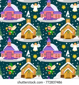 merry christmas and happy new year seamless pattern, church and green tree under snow, christianity and Catholic winter city cathedral vector illustration, religious holy background