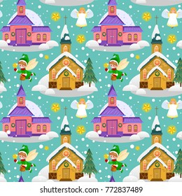 merry christmas and happy new year seamless pattern, church and green tree under snow, christianity and Catholic winter city cathedral vector illustration, religious holy background