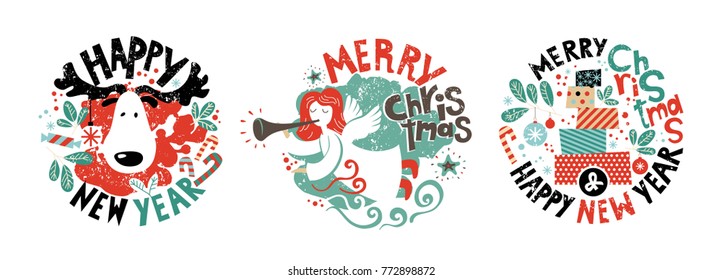 Merry Christmas and Happy New year lettering and illustrations set. Festive Christmas decoration, flying angel with a trumpet, a mountain of gifts, moose, stars, Christmas sweets. Vector illustration