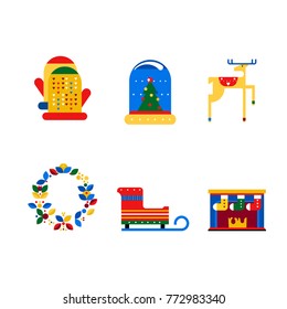 Merry Christmas, Happy New Year card design. Abstract flat xmas traditional winter holidays flat icons.  Great for greeting cards, postcards, invitation cards,  gift tags, logo. Vector graphic design