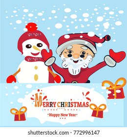 Merry Christmas and Happy New Year. Illustration of santa and snowman