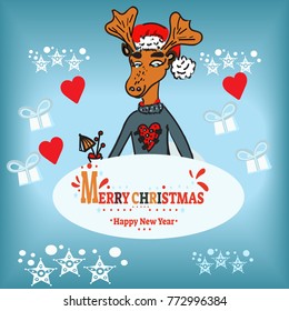 Merry Christmas and Happy New Year. Illustration of deer and snowman