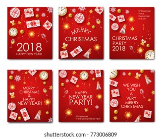 Merry Christmas and Happy New Year flyer collection glass of champagne clock gift box sparkler vector illustration