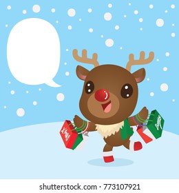 Merry Christmas and Happy new year theme. Cartoon Reindeer, happy shopping big sale day , with gifts , shopping bag