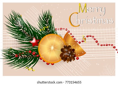 Merry Christmas. Happy New Year. Festive Christmas Design template with fir tree branch, orange, fir-cone,  star, snow, for flyer, banner, card, invitation, congratulation, poster design. Vector