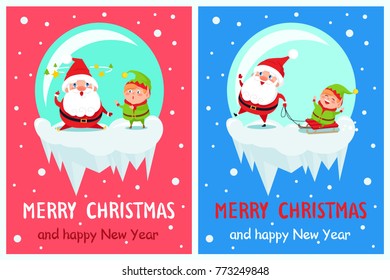 Merry Christmas and Happy New Year banners with Santa and Elf adventures tired Saint Nicholas and happy helper riding on sleigh on north pole vector