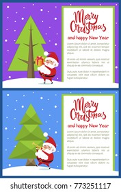 Merry Christmas Happy New Year poster with Santa playing on trumpet and giving presents near Xmas tree on snowy backdrop vector illustration banners