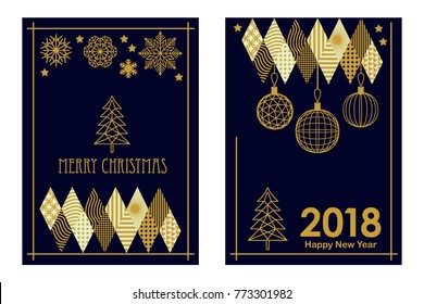 Merry Christmas and Happy New Year cards with carnival motifs. Linear fir tree, snowflakes and decorations on black background. Set for festive covers, banners, posters, invitations.