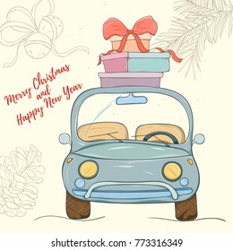 Merry Christmas and Happy New Year hand drawn vector illustration. Bright colorful car with presents on light background can be used for invitation, card, banner template, flyer, sale and website