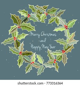 Merry Christmas and Happy New Year hand drawn vector illustration. Bright colorful christmas wreath on dark background can be used for invitation, card, banner template, flyer, sale and website
