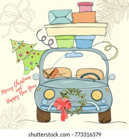Merry Christmas and Happy New Year hand drawn vector illustration. Bright colorful car with presents on light background can be used for invitation, card, banner template, flyer, sale and website