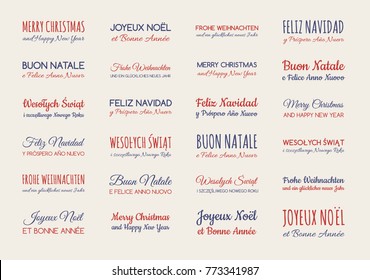 Merry Christmas and Happy New Year - wishes in different languages. Vector.	