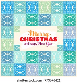 Merry Christmas and Happy New Year. Vector template for greeting cards, overlays, decoration. Flat blue and green retro pattern.