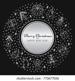 Merry Christmas and Happy New Year vector round composition with line winter icons and silver badge. Concept for invitation card, greeting card, poster, banner, background in line design.