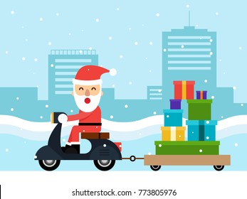 Merry Christmas and happy new year concept flat design, Santa Claus deliveries gifts by scooter, vector illustration