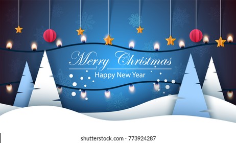 Merry christmas. Happy new year, Winter landscape. Fir, star, snow light bulb Vector eps 10