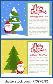 Merry Christmas and Happy New Year poster with Santa merrily jumping near Xmas tree covered by ice on snowy backdrop vector illustration banners set