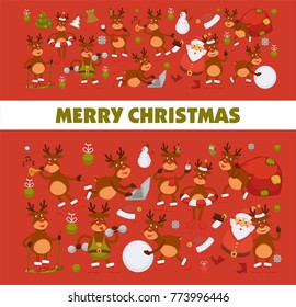 Merry Christmas and Happy New Year 2018 vector poster of deer or reindeer cartoon funny character celebrating holidays.