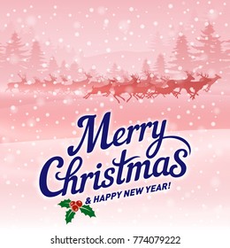 Merry Christmas and Happy New Year Greeting Card Running Deers against the Winter Forest on Pink Background
