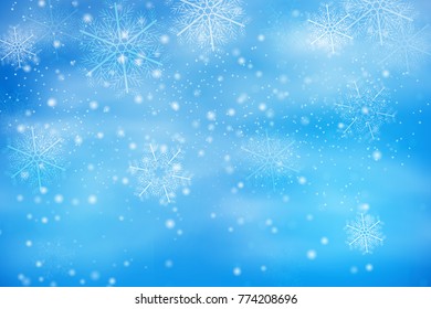 Merry Christmas. Happy New Year. Winter blue sky with falling snow, snowflake. Holiday Winter background for Merry Christm. Abstract snowflake background.