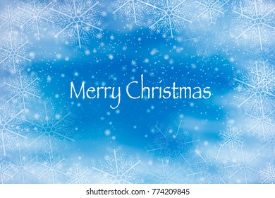 Merry Christmas. Happy New Year. Winter blue sky with falling snow, snowflake. Holiday Winter background for Merry Christm. Abstract snowflake background.