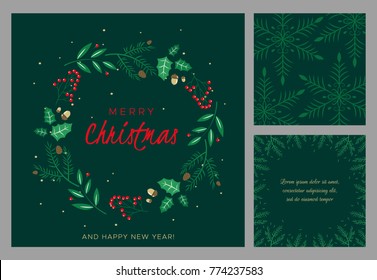 Merry Christmas and Happy New Year greeting card. Wreath with berries, leaves, pine branches and fir cones. Round frame for winter design on black background. Vector illustration in modern style