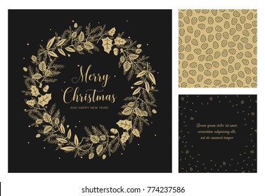 Merry Christmas and Happy New Year greeting card. Wreath with gold berries, leaves, pine branches and fir cones. Round frame for winter design on black background. Vector illustration in modern style