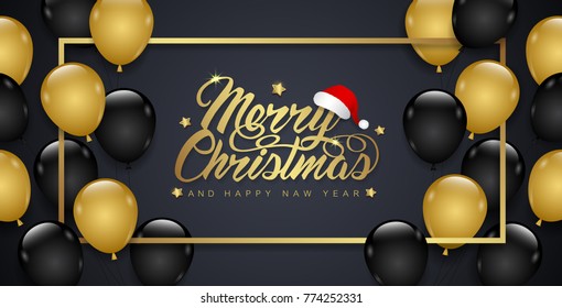 merry christmas and happy new year banner template typography, santa’s hat, stars, fame and balloons decoration for flyers, poster, web, banner, and card vector illustration