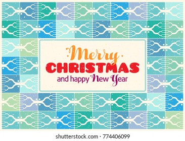 Merry Christmas and Happy New Year. Vector template for greeting cards, overlays, decoration. Flat blue and green retro pattern.