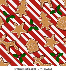 Merry Christmas and Happy New Year! Seamless pattern, striped holiday backgrounds with cookies and mistletoe.