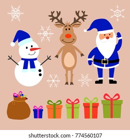 Merry Christmas and Happy New Year greeting cute Blue Santa Claus, bag, reindeer, snowman, gift boxes, gift bag and 5 hand drawn snowflakes set isolated on background vector illustration
