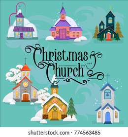 merry christmas and happy new year card, church and green tree under snow, christianity and Catholic winter city cathedral vector illustration, religious holy background