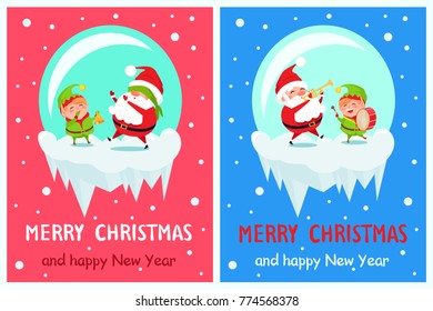 Merry Christmas and Happy New Year greeting card Santa and Elf playing hide-and-seek and on trumpet and drum musical instruments cartoon characters