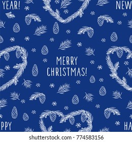 Merry Christmas, Happy New Year background. Winter seamless pattern with hand drawn hearts, cones, pine spruce, snowflakes for wrapping paper, textile, wallpapers, gift wrap and scrapbook. Vector.