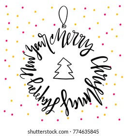 Merry Christmas and Happy New Year. Handdrawn lettering. Vector illustration.