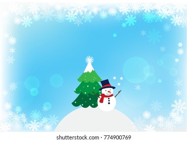 Merry Christmas and happy new year concept. Snowflakes frame with snowman and christmas tree and bubbles , boken on blue sky background. vector illustration.