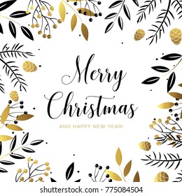 Merry Christmas and Happy New Year greeting card with black and gold berries, leaves, pine branches and fir cones