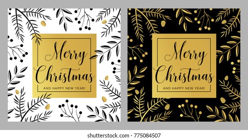 Merry Christmas and Happy New Year greeting card with black and gold branches and pine cones.