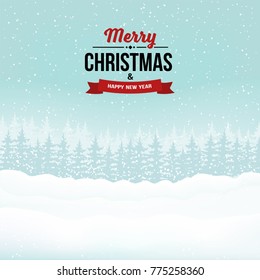 Merry Christmas and Happy New Year vintage badge on the landscape background with forest and snowy hills. Holiday winter background with falling snow. White winter scene background with trees. Vector.