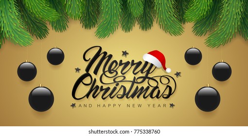merry christmas and happy new year banner typography, christmas tree, santa’s hat, glitter balls, stars and ribbons decoration for flyers, poster, web, banner, and card vector illustration