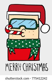 Merry christmas and happy new year. A boy have freckles wear santa hat, ski glasses and green scarf poika dot pattern. Candy cane in his mouth. Holiday card, Banner, website. Cute vector.
