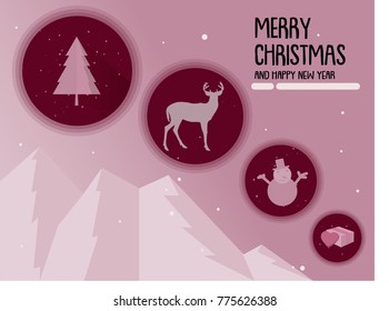 Merry Christmas and Happy New Year typography vector.Background With mountain, Christmas tree, Reindeer, Snowman and gift.