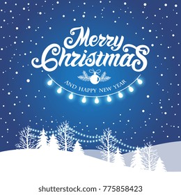 Merry Christmas and Happy New Year  typography vector design for greeting cards and poster. Merry Christmas and lettering. Christmas  with winter landscape with snowflakes. Vector illustration.