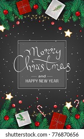 Merry Christmas and Happy New Year Web Banner Template. Festive Decoration with fir branches, gifts, candy cane, lollipops, garlands, balls, gift boxes on black background. Top View. Vector