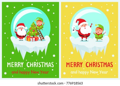 Merry Christmas and Happy New Year posters set Santa and Elf in glass ball decorate Xmas tree on ladder, sing carol songs vector illustration on snow
